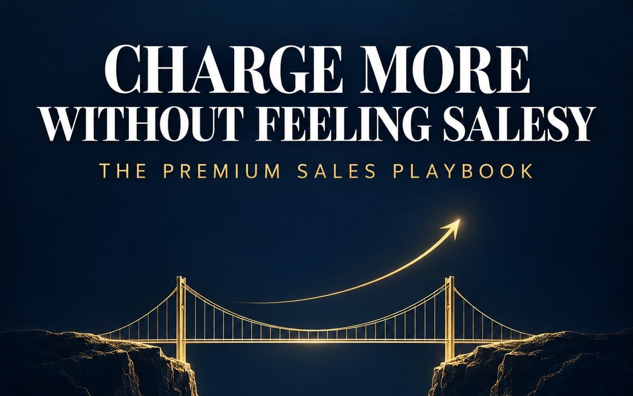 Cover art for a sales playbook titled Charge More Without Feeling Salesy with gold bridge and arrow graphics