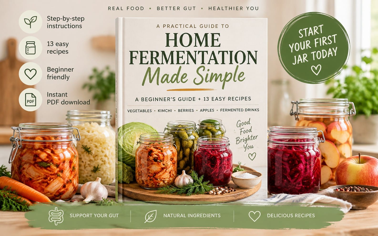 Home fermentation beginner guide book cover with jars of vegetables and fermented drinks on a kitchen table