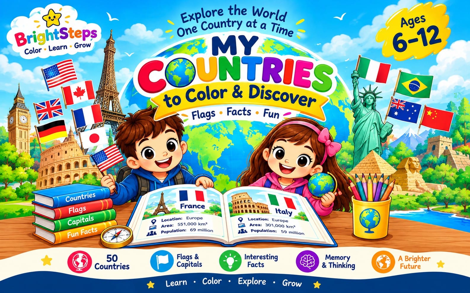 Coloring and learning workbook cover for kids with cartoon children, world map, flags, and facts about countries
