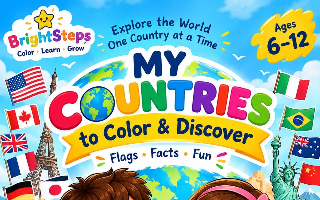 Coloring and activity book cover for 50 countries with world map, flags, and BrightSteps My Countries title for ages