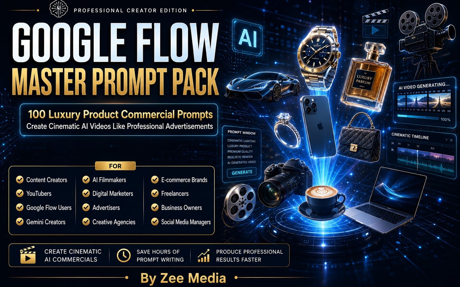 100 Google Flow AI video ads prompts for cinematic product commercials