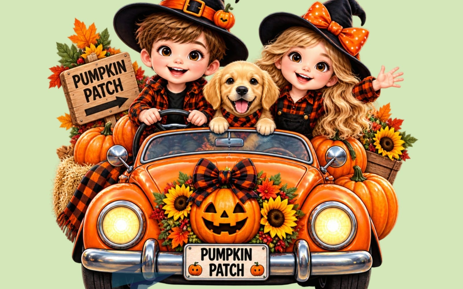 Пакет с Детскими Машинами Урожай PATCH Дайвинг? Pumpkin Patch Kids Car PNG, осенний дизайн клипарт для Хэллоуина - цифровая загрузка