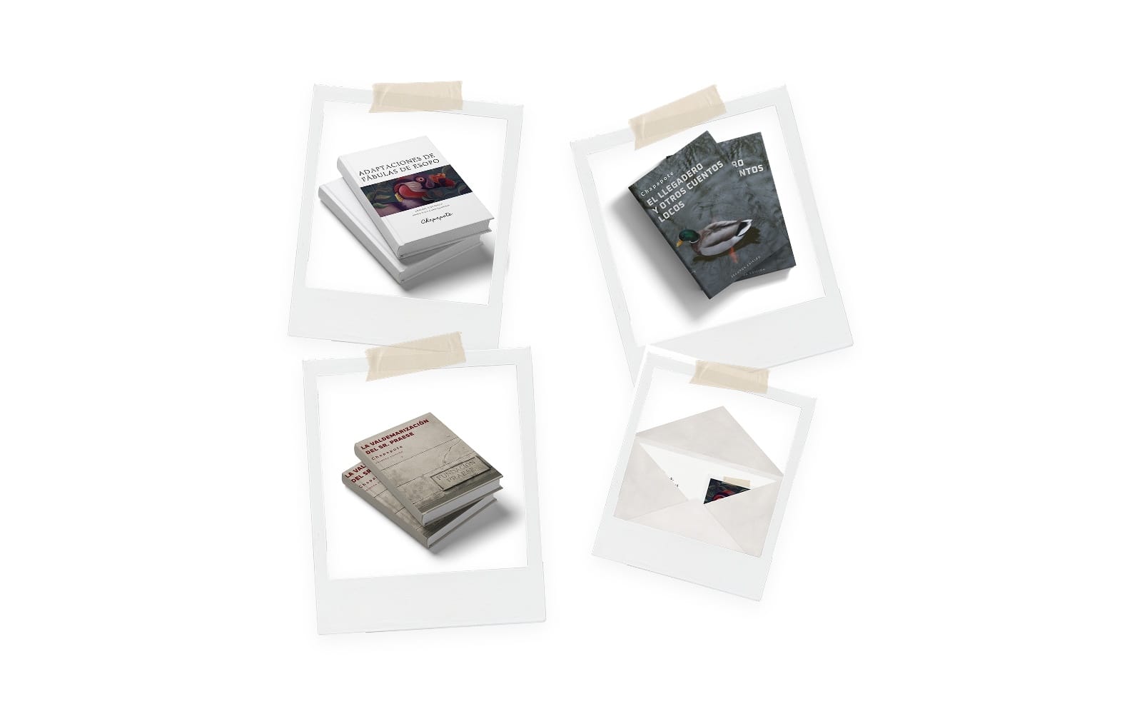 Colección Chapapote con tres libros y una postal digital, maquetados dentro de marcos fotográficos blancos