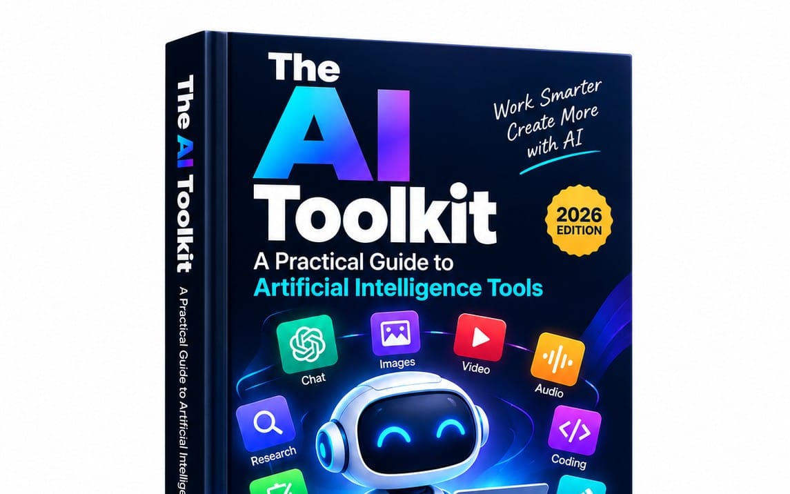 AI toolkit guide book cover titled The AI Toolkit: practical guide to artificial intelligence tools, 2026 edition