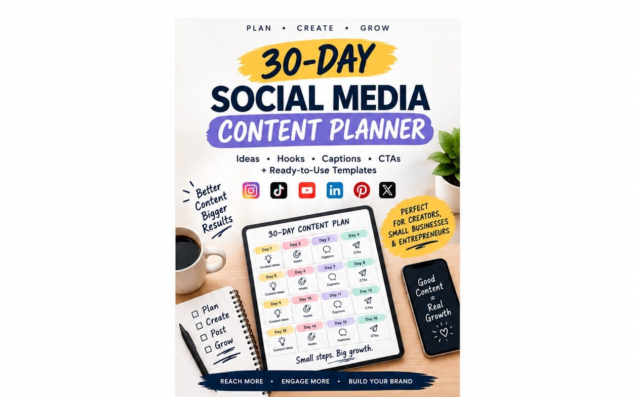 Cover for 30-Day social media content planner productivity playbook with phone and tablet mockups and brand logos