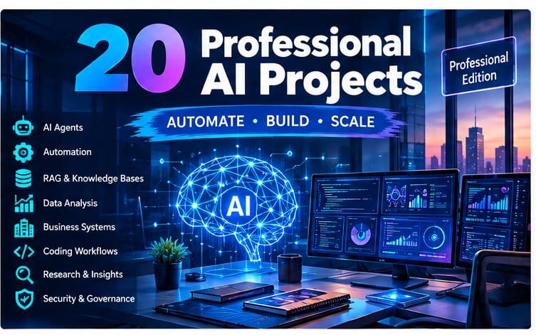 Cover for a digital product featuring 20 professional AI projects with AI hologram and coding dashboards
