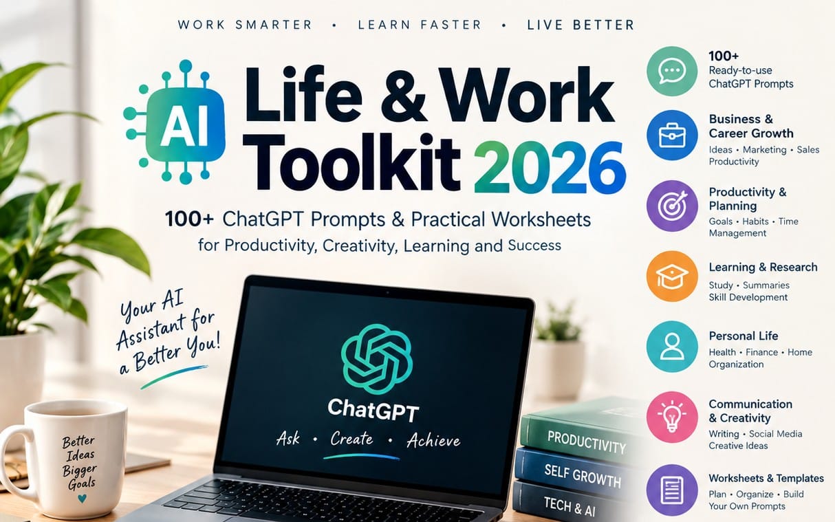 Promotional cover for an AI Life & Work toolkit with ChatGPT prompts, showing laptop, icons, and “100+” prompt text