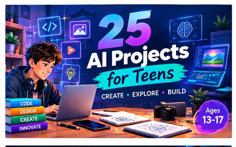 Cover for 25 AI Projects for Teens with a student at a desk, glowing tech icons, and a 13–17 ages badge