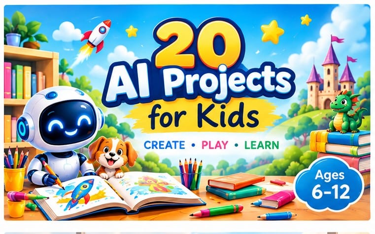 Colorful cover for an educational digital product featuring 20 AI projects for kids with a friendly robot, animals, and
