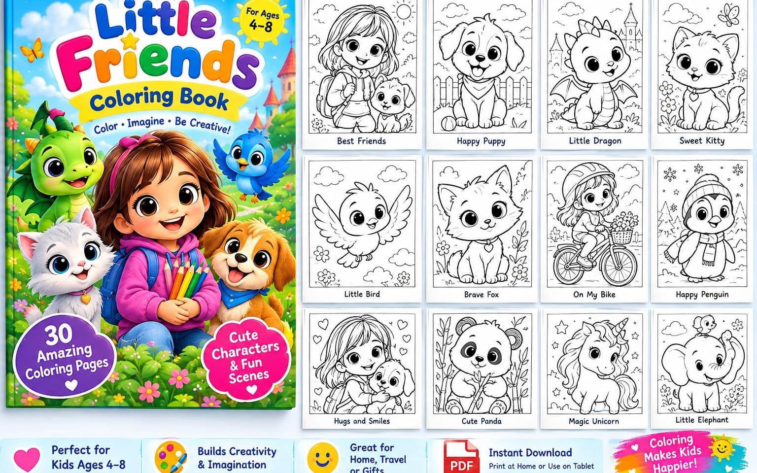 Kids coloring book cover and page previews with cute animal friends and characters, for ages 4–8