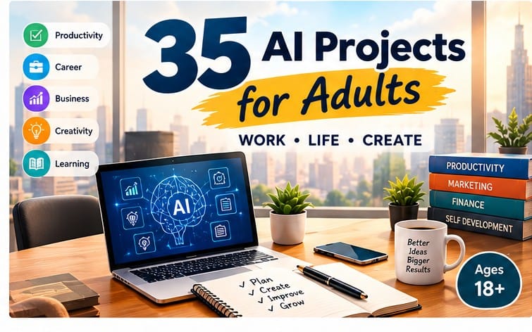 Cover for 35 AI Projects for Adults ebook with laptop, city skyline, and category icons for productivity and learning