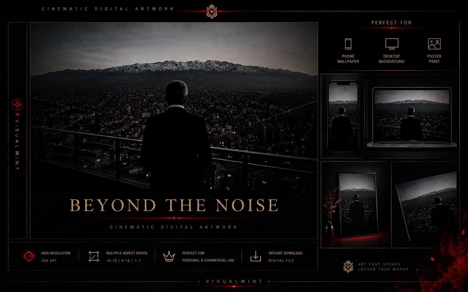 Cinematic digital artwork cover titled Beyond the Noise showing a silhouetted man on a balcony over a night city