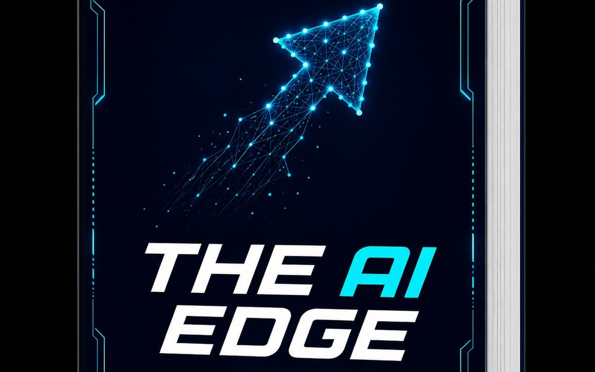 Futuristic cover graphic for an AI business guide titled The AI Edge, with glowing network map and circuitry accents