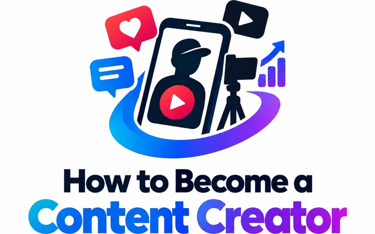 Colorful digital course cover about becoming a content creator with social media icons and play button graphics