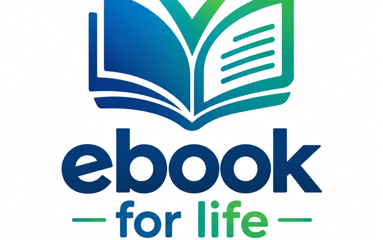 Ebok for life ebook logo with open book icon and blue-green text on white background