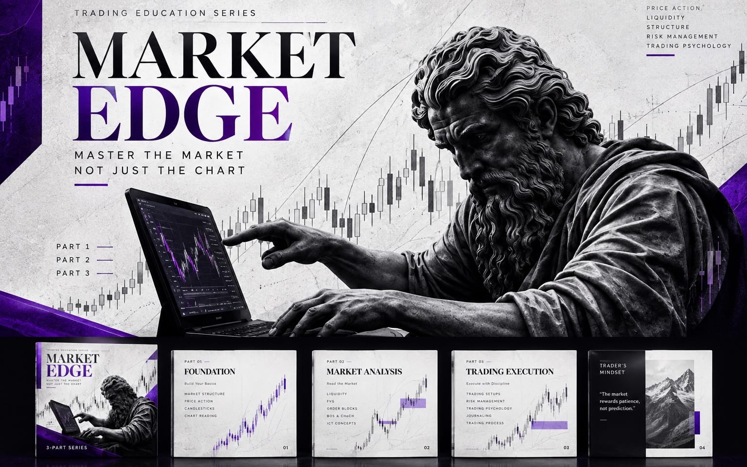 Trading education marketing banner for MARKET EDGE 3-part course with grayscale trader statue and candlestick chart