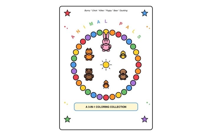 Kids pet animals coloring book cover with geometric circular layout and 13-page coloring collection text