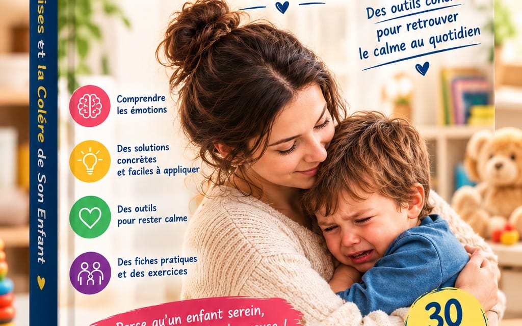 Couverture d’un guide parental avec une mère et son enfant, texte en français sur la colère et les outils pour calmer
