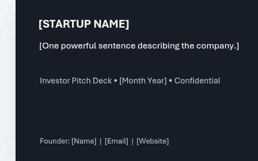 Dark blue investor pitch deck template slide design with placeholders for startup name, pitch title, and founder details