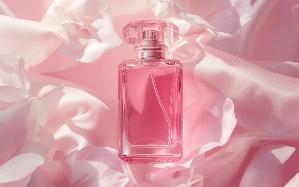 Luxury perfume bottle centered with soft pink petals background for beauty AI prompts pack