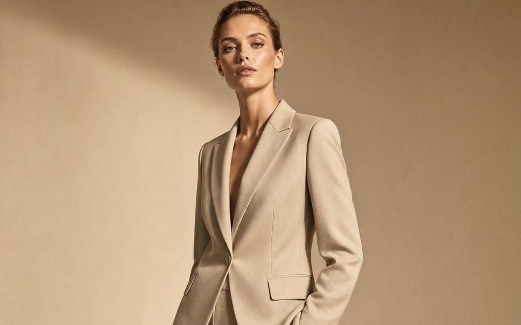 Model wearing a beige luxury blazer against a neutral background for an AI streetwear fashion prompts pack