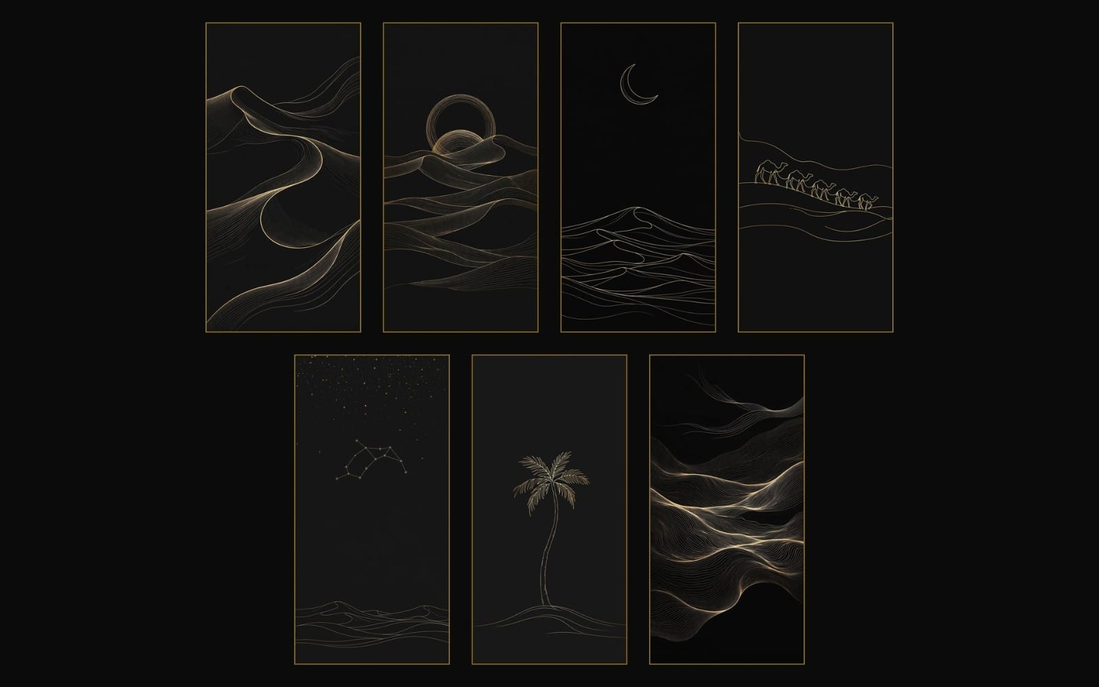 Set of seven minimalist desert wall art prints with gold line dunes and small moon, palm, and constellation motifs on