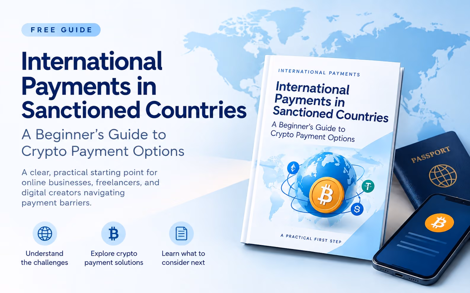Digital guide cover titled International Payments in Sanctioned Countries with crypto icons and a world map background