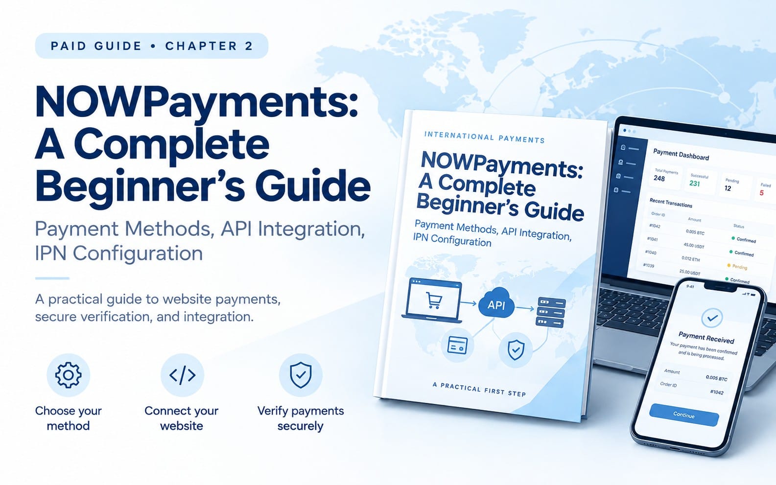 Ebook cover for International Payments beginner’s guide with payment dashboard graphics and a smartphone on a world map