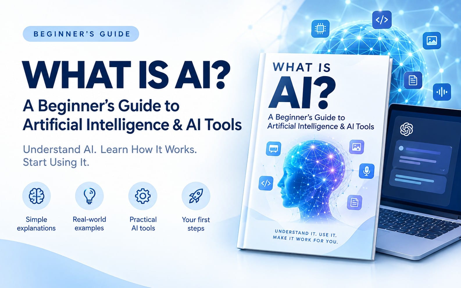 Promotional ebook cover for a beginner’s guide to artificial intelligence and AI tools with laptop and AI graphics
