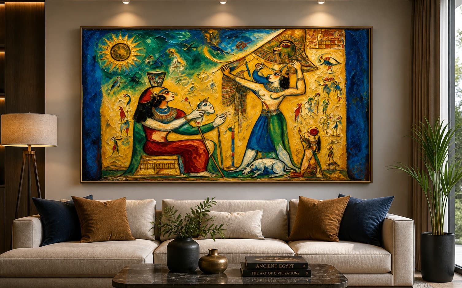 Ancient Egyptian Mythology Oil Painting – Vibrant Canvas Artwork with Symbolic Figures