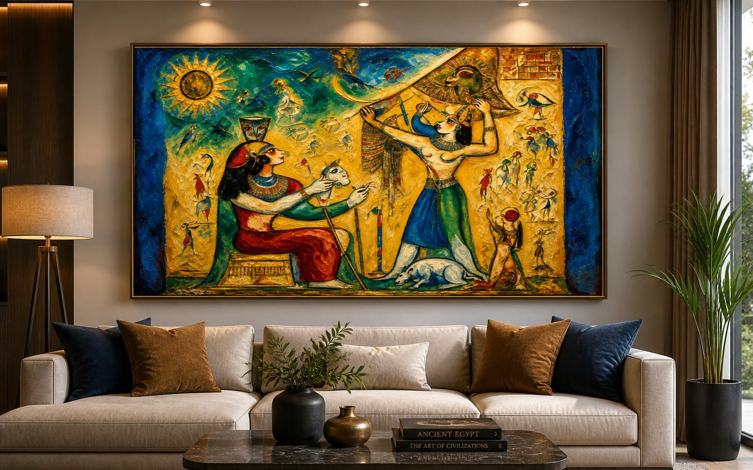 Ancient Egyptian Mythology Oil Painting – Vibrant Canvas Artwork with Symbolic Figures