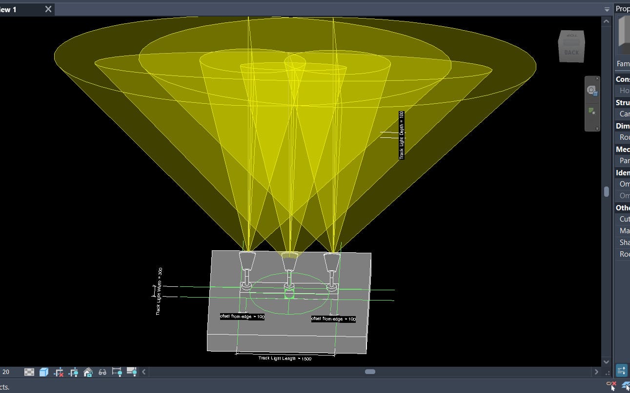 3D track lighting layout render with ceiling light heads and cone beam coverage diagram