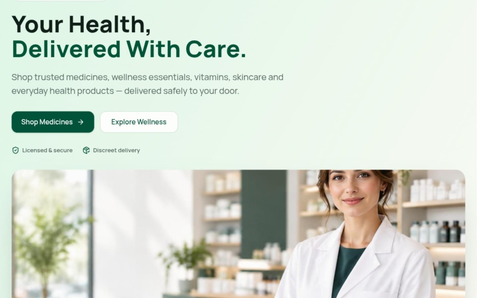 MediCare premium online pharmacy landing page template with hero text, buttons, and a pharmacist portrait