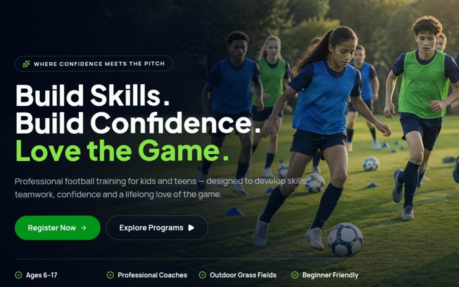 Kids football academy landing page template with soccer players running on a field and registration call-to-action
