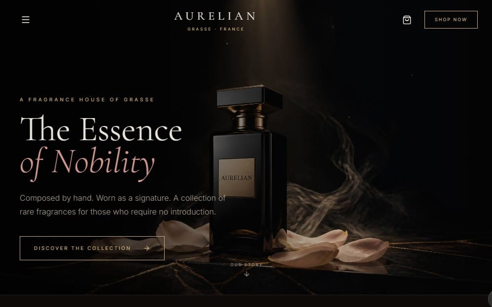 Dark luxury perfume ecommerce template with Aurelian branding, bottle, smoke, and hero typography on a web layout