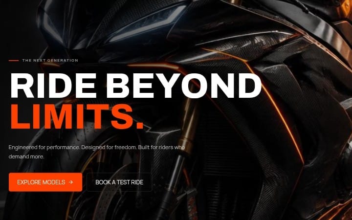 Motorcycle sales landing page mockup with bold Ride Beyond Limits headline over a close-up sport bike background