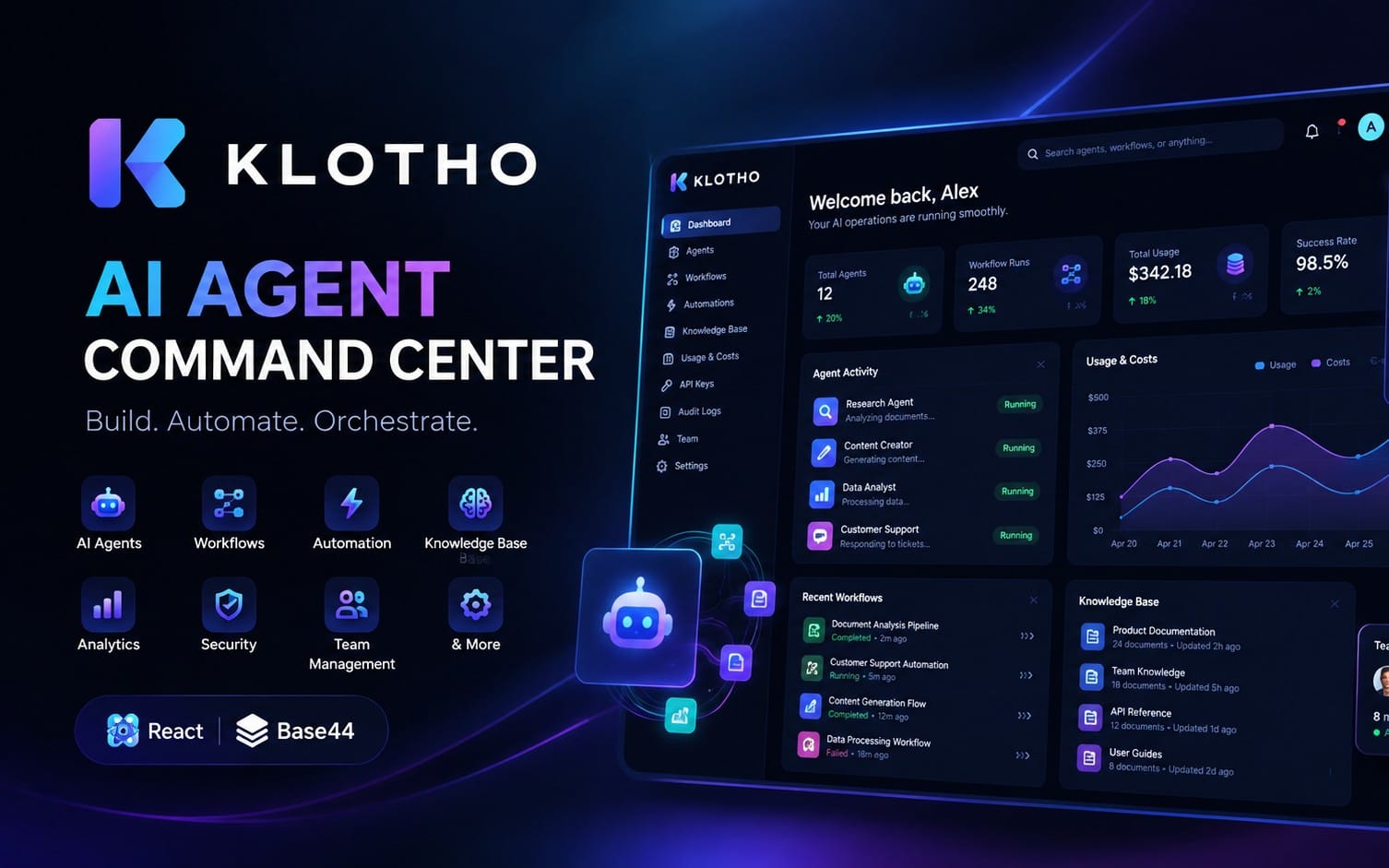 Klotho AI agent command center dashboard graphic with charts, agent list, and control panels on dark blue background