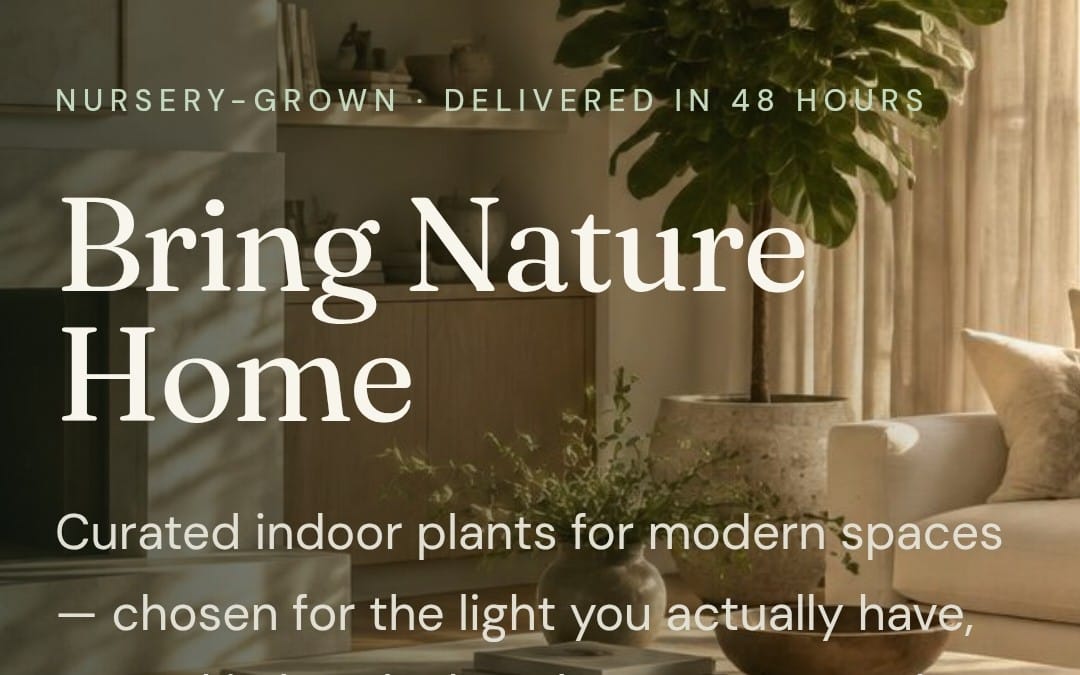 Lifestyle hero banner for a Botanica Bloom premium indoor plants React template with “Bring Nature Home” over a living
