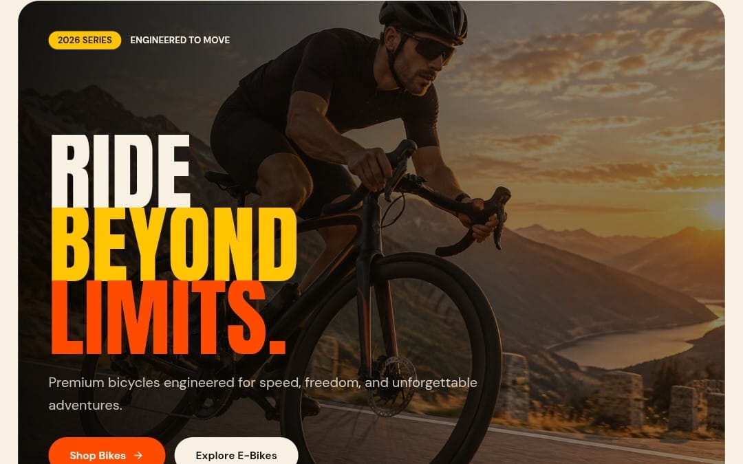 VELOX electric bike landing page hero banner with cyclist riding through mountains at sunset and bold promotional text