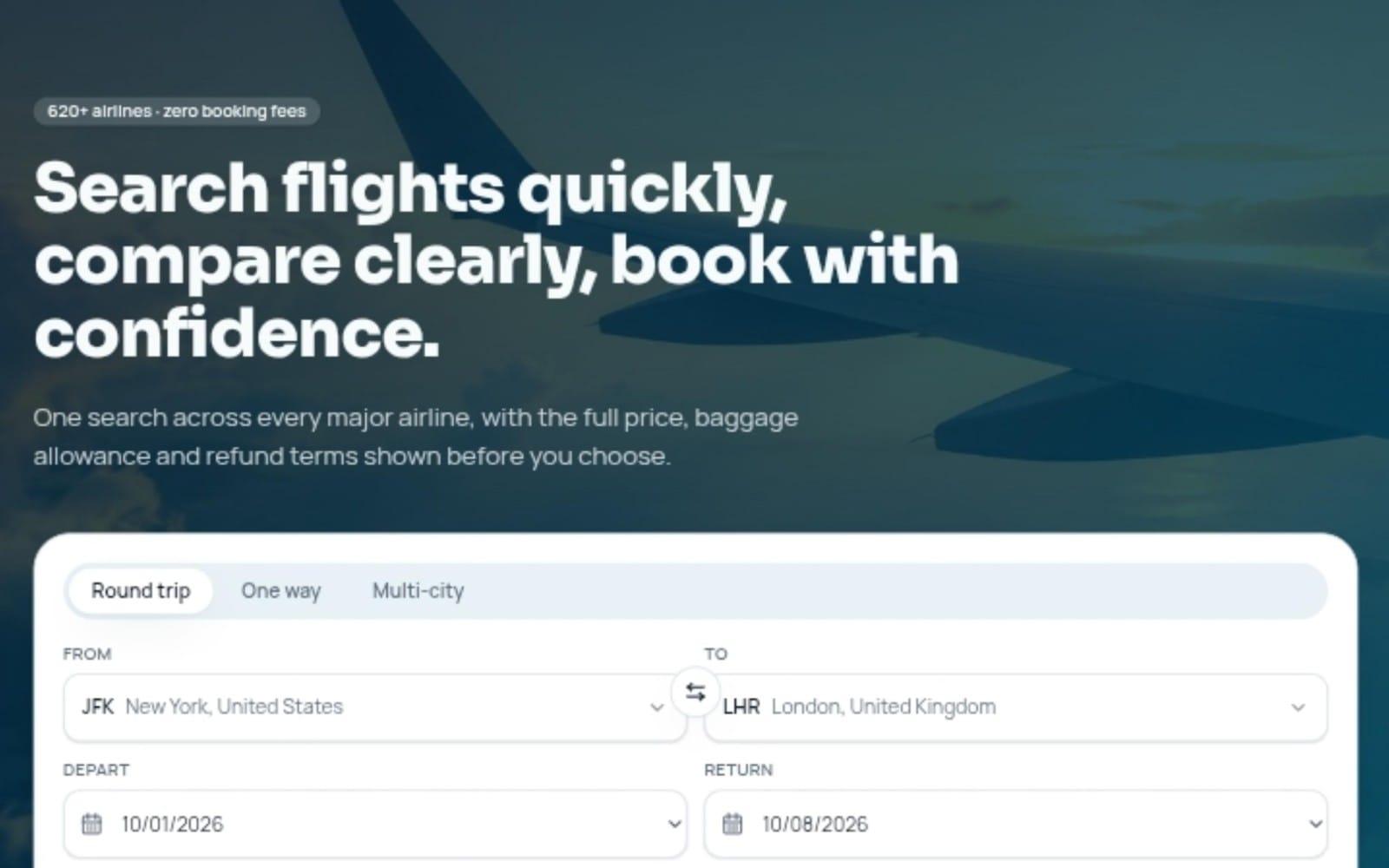Airline flight booking landing page hero section with search form and route inputs over ocean background