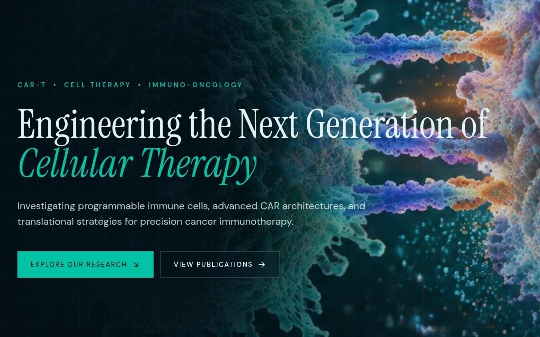 IMMUNOVA LAB CAR-T and cellular immunotherapy research landing page with bio-tech background and call-to-action buttons