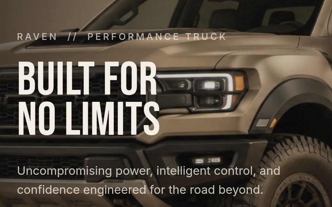 Automotive landing page hero design for Raven Performance Truck with a close-up of a beige performance pickup truck and