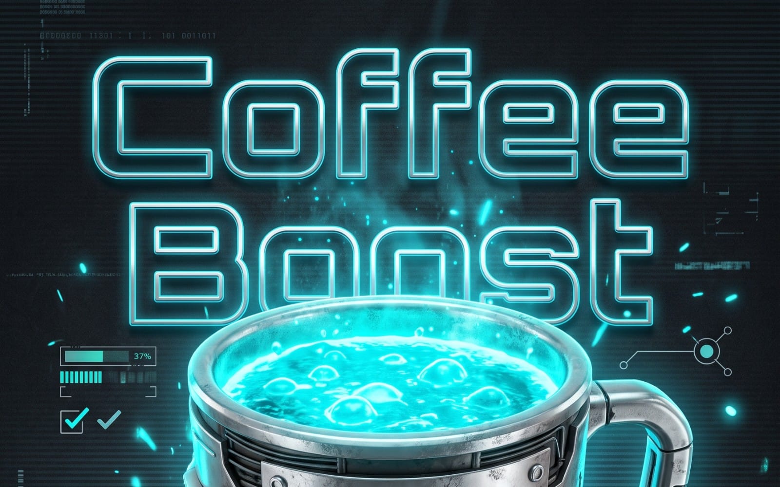 Neon digital Coffee Boost graphic with glowing cup of blue coffee and circuit-style HUD elements
