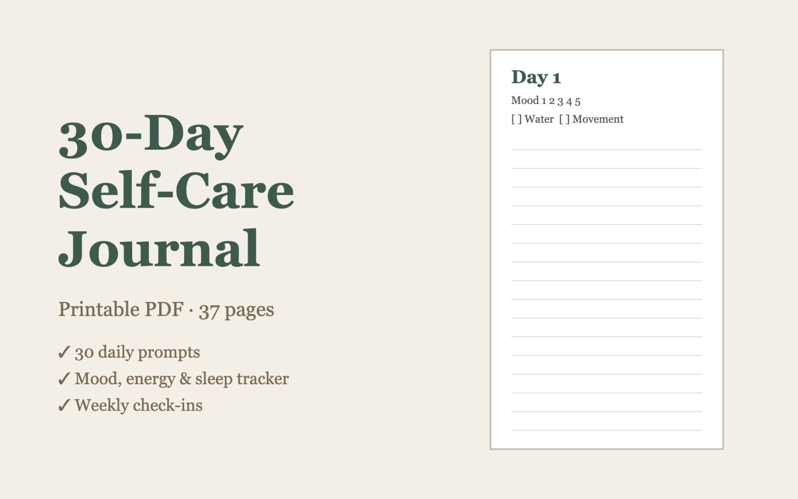 30-Day self-care journal printable PDF page layout with Day 1 mood and habit lines and trackers