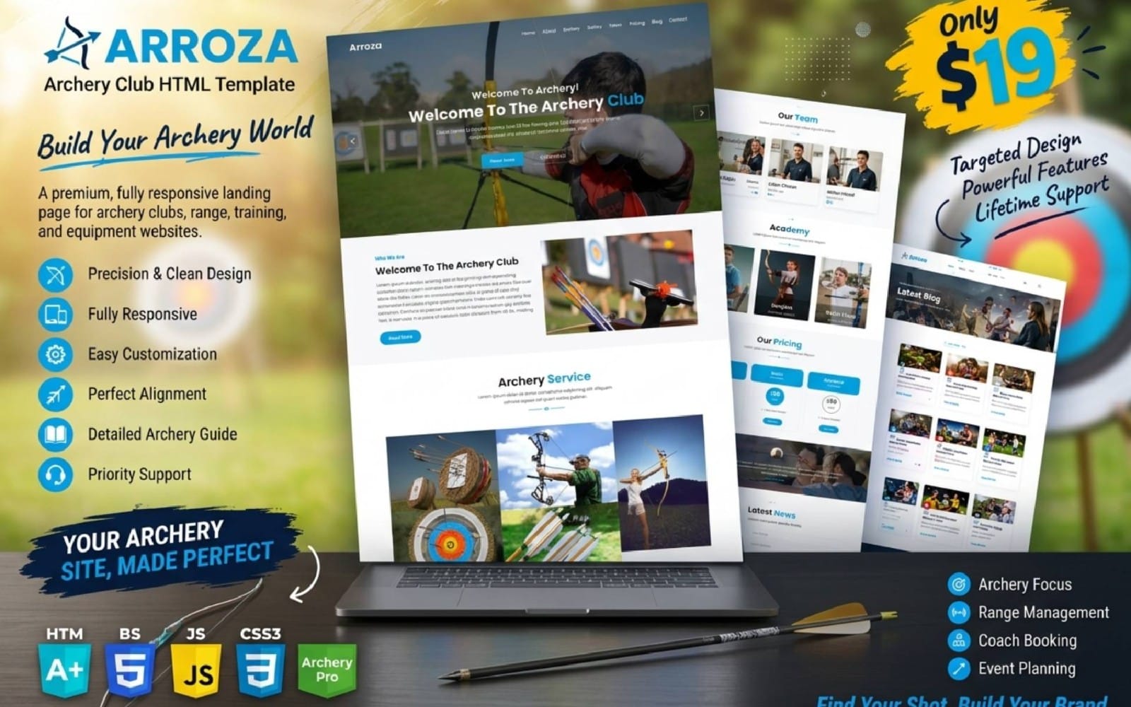 Marketing banner for Arroza archery club HTML template showing a laptop with webpage mockups and archery graphics