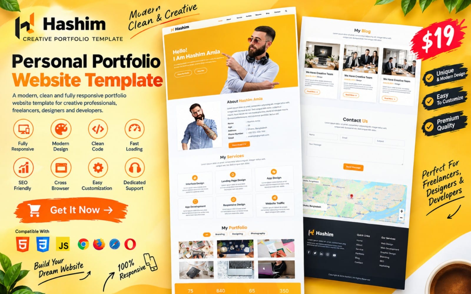 Promotional banner showing Hashim personal developer portfolio HTML template mockup with website sections and icons