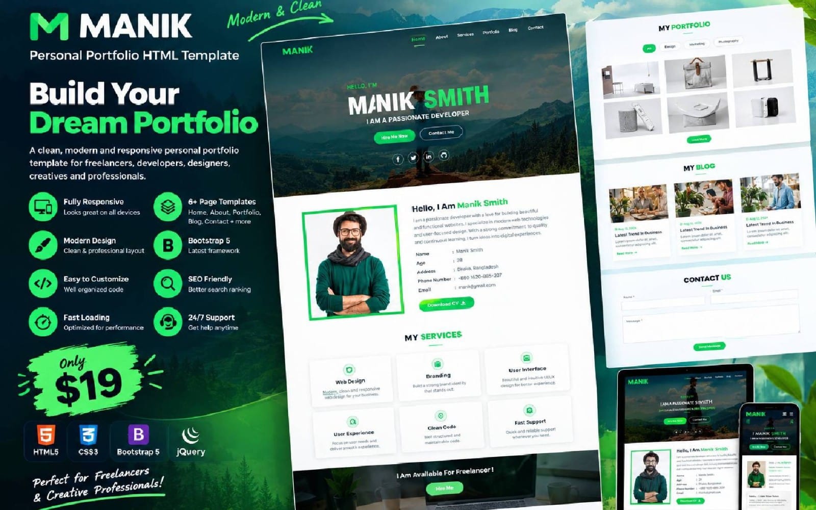 Manik personal developer portfolio HTML template promotional graphic with website mockups and icons