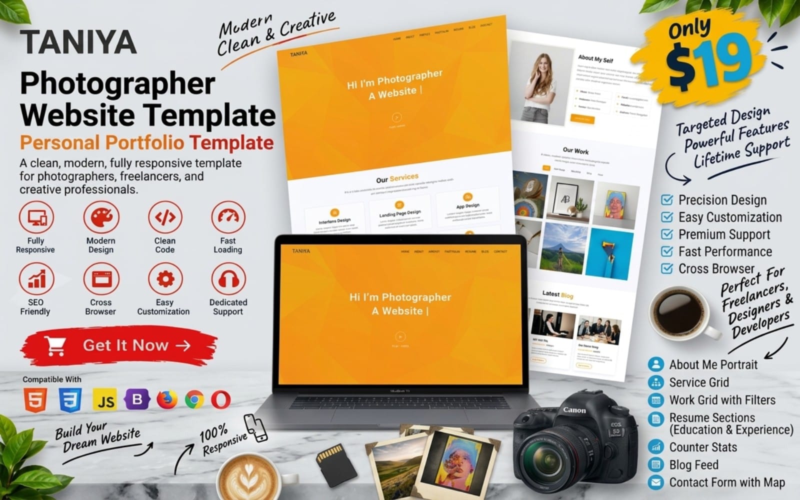 Promotional graphic for Taniya photographer website HTML template showing laptop mockup, camera, and template feature