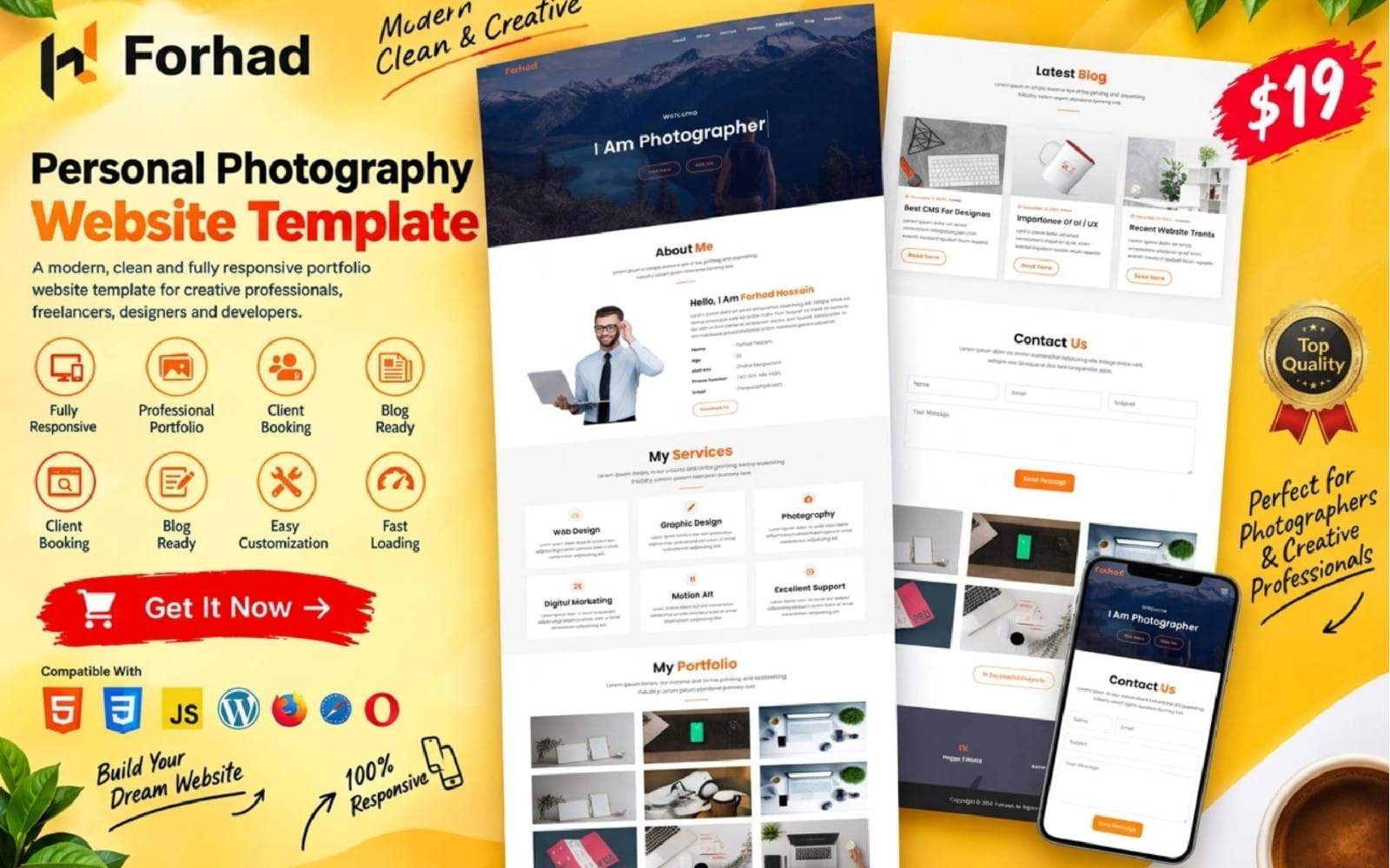 Promotional banner collage showing Forhad creative personal photography portfolio HTML template with website