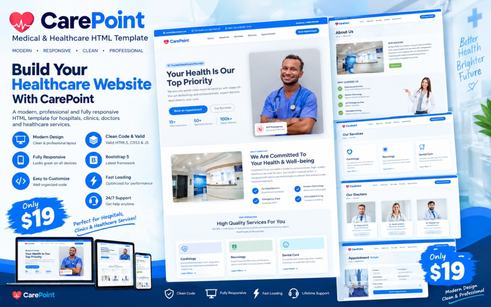 CarePoint medical and healthcare HTML5 website template promotional banner showing doctor hero section and pricing cards